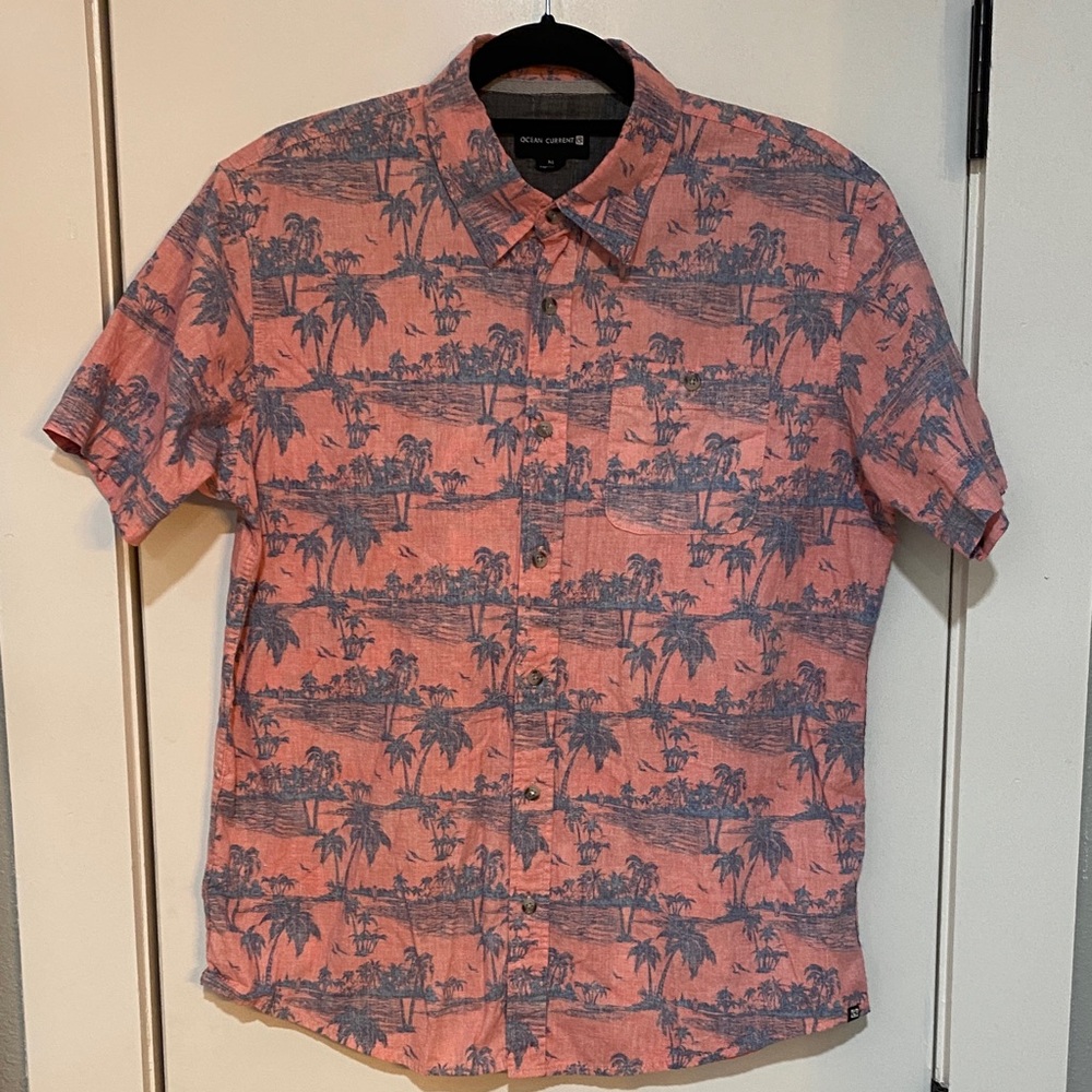 Ocean current Coral and Navy Palm Print Shirt